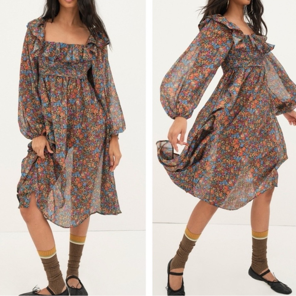 NWT For Love & Lemons Billowy Ruffle Brittany Ditsy Floral Midi Dress Small